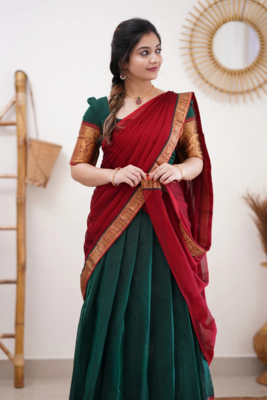 Two Tone Morepeach and Red Cotton Kanjiveram Halfsaree 2