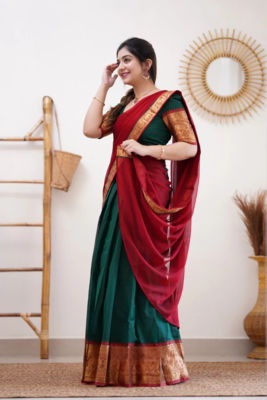 Two Tone Morepeach and Red Cotton Kanjiveram Halfsaree 3