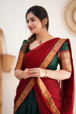 Two Tone Morepeach and Red Cotton Kanjiveram Halfsaree 4