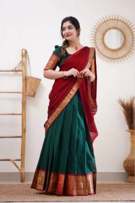 Two Tone Morepeach and Red Cotton Kanjiveram Halfsaree 5