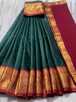 Two Tone Morepeach and Red Cotton Kanjiveram Halfsaree 6