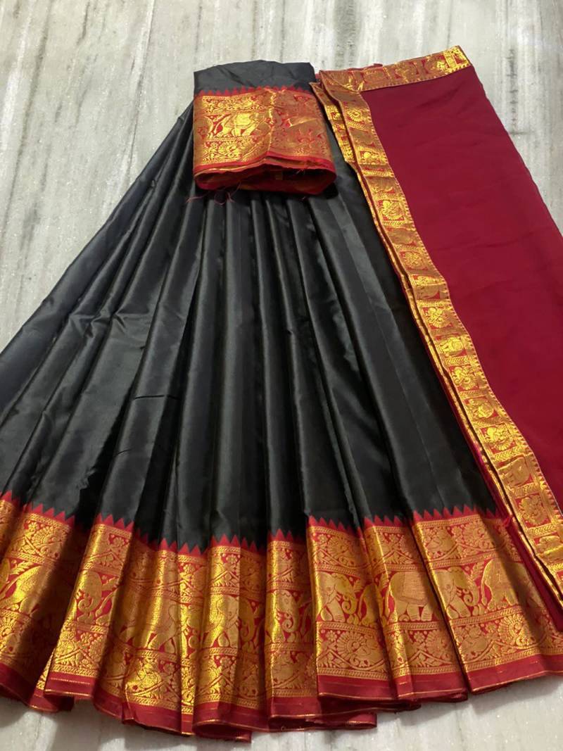 Two Tone Black and Red Cotton Kanjiveram Halfsaree