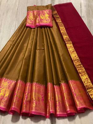 Two Tone Mustard and Pink Cotton Kanjiveram  Halfsaree 5