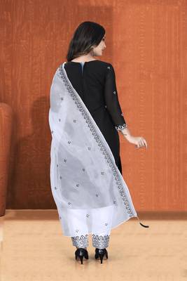Black embroidery georgette with organza dupatta semi stitched a-line pant dress materials 2