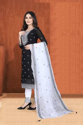 Black embroidery georgette with organza dupatta semi stitched a-line pant dress materials 3