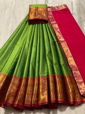 Two Tone Parrot and Pink Cotton Lehenga-Saree with blouse and Dupatta 5