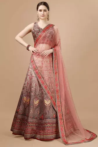 Brown Color Semistitched Digital Print Lehenga With Unstitched Blouse And Dupatta