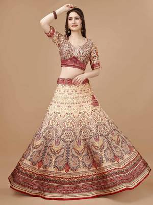 Cream Art Silk Floral Printed Lehenga Choli  1