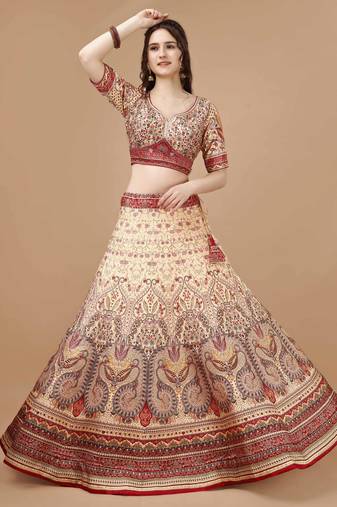 Cream Color Semistitched Digital Print Lehenga With Unstitched Blouse And Dupatta
