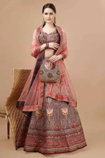 Brown Color Semistitched Digital Print Lehenga With Unstitched Blouse And Dupatta