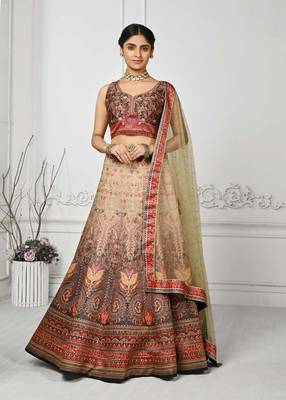Cream Color Semistitched Digital Print Lehenga With Unstitched Blouse And Dupatta 1