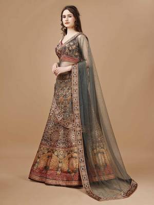 Brown Color Semistitched Digital Print Lehenga With Unstitched Blouse And Dupatta 1