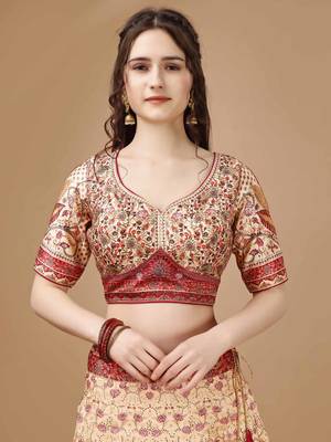 Cream Art Silk Floral Printed Lehenga Choli  2
