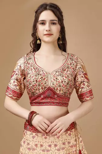 Cream Art Silk Floral Printed Lehenga Choli 