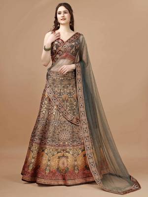 Brown Color Semistitched Digital Print Lehenga With Unstitched Blouse And Dupatta 2