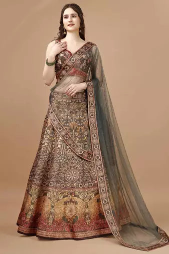 Brown Color Semistitched Digital Print Lehenga With Unstitched Blouse And Dupatta