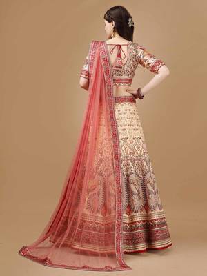 Cream Art Silk Floral Printed Lehenga Choli  3