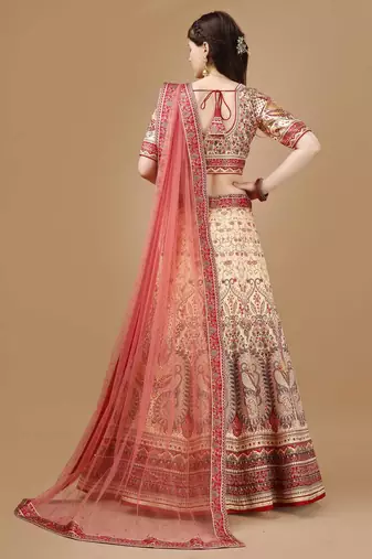 Cream Art Silk Floral Printed Lehenga Choli 