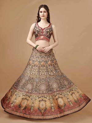 Brown Color Semistitched Digital Print Lehenga With Unstitched Blouse And Dupatta 3