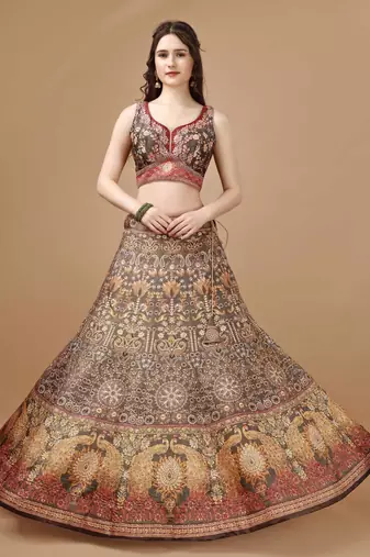 Brown Color Semistitched Digital Print Lehenga With Unstitched Blouse And Dupatta