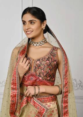 Cream Color Semistitched Digital Print Lehenga With Unstitched Blouse And Dupatta 3