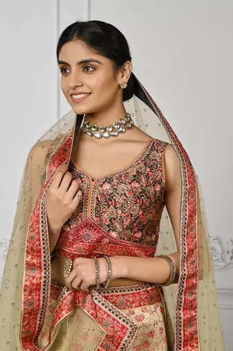 Cream Color Semistitched Digital Print Lehenga With Unstitched Blouse And Dupatta