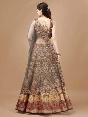 Brown Color Semistitched Digital Print Lehenga With Unstitched Blouse And Dupatta 4