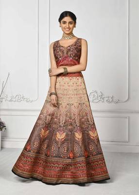 Cream Color Semistitched Digital Print Lehenga With Unstitched Blouse And Dupatta 4