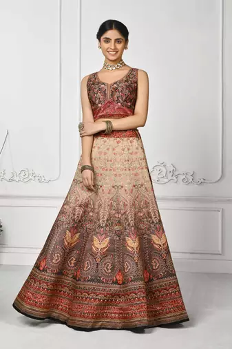 Cream Color Semistitched Digital Print Lehenga With Unstitched Blouse And Dupatta