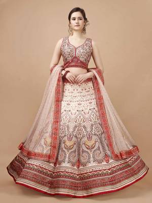 Red and Cream Art Silk Digitally Printed Lehenga 1