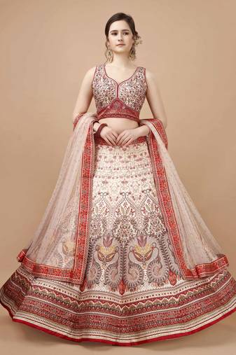 Red and Cream Art Silk Digitally Printed Lehenga