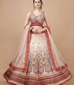 Red and Cream Art Silk Digitally Printed Lehenga