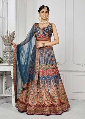 Blue Color Semistitched Digital Print Lehenga With Unstitched Blouse And Dupatta 1