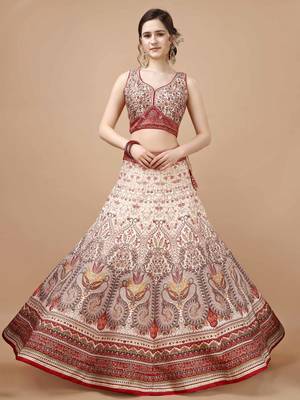 Red and Cream Art Silk Digitally Printed Lehenga 2