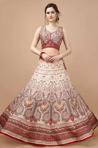 Red and Cream Art Silk Digitally Printed Lehenga