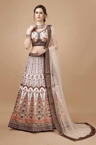 Brown Color Semistitched Digital Print Lehenga With Unstitched Blouse And Dupatta