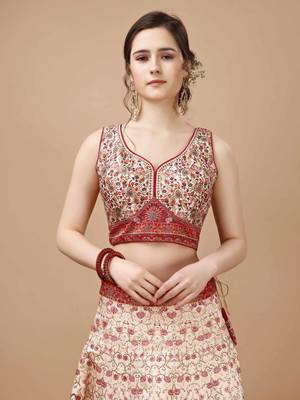 Red and Cream Art Silk Digitally Printed Lehenga 3