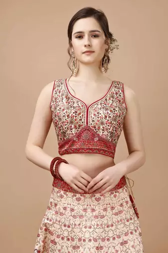 Red and Cream Art Silk Digitally Printed Lehenga