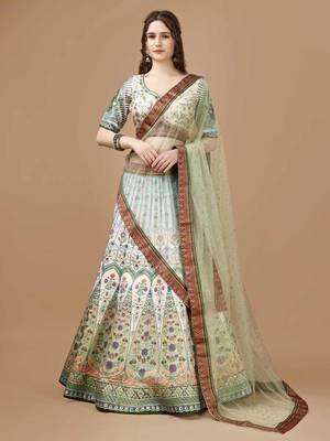 Green Color Semistitched Digital Print Lehenga With Unstitched Blouse And Dupatta 1