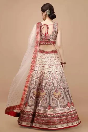 Red and Cream Art Silk Digitally Printed Lehenga