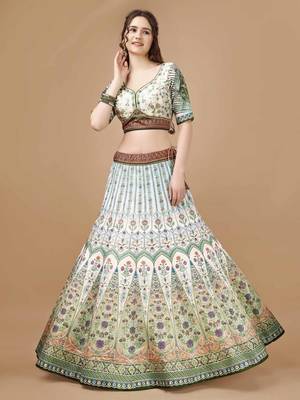 Green Color Semistitched Digital Print Lehenga With Unstitched Blouse And Dupatta 2