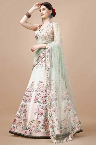 Sea Green Color Semistitched Digital Print Lehenga With Unstitched Blouse And Dupatta