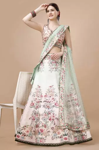 Sea Green Color Semistitched Digital Print Lehenga With Unstitched Blouse And Dupatta