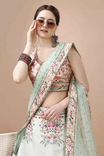 Sea Green Color Semistitched Digital Print Lehenga With Unstitched Blouse And Dupatta