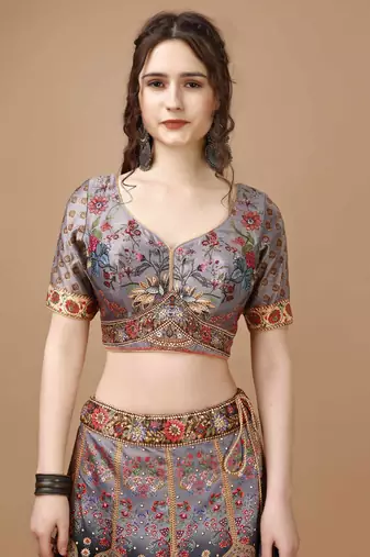 Grey Color Semistitched Digital Print Lehenga With Unstitched Blouse And Dupatta