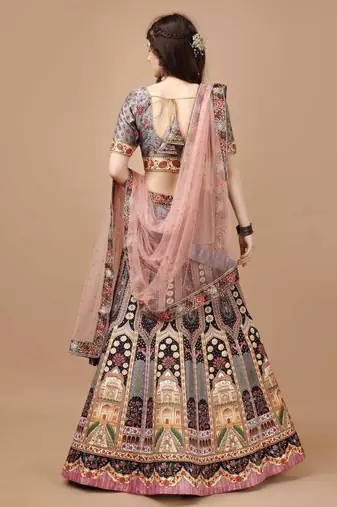Grey Color Semistitched Digital Print Lehenga With Unstitched Blouse And Dupatta
