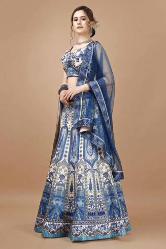 Blue Color Semistitched Digital Print Lehenga With Unstitched Blouse And Dupatta