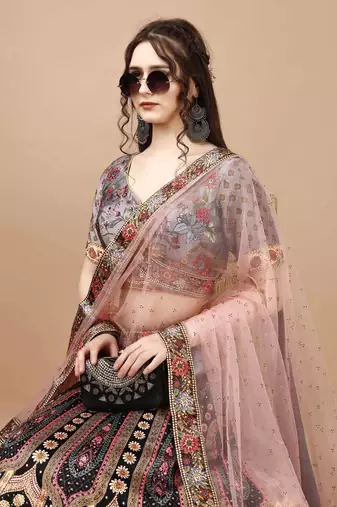 Grey Color Semistitched Digital Print Lehenga With Unstitched Blouse And Dupatta