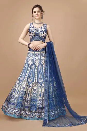 Blue Color Semistitched Digital Print Lehenga With Unstitched Blouse And Dupatta