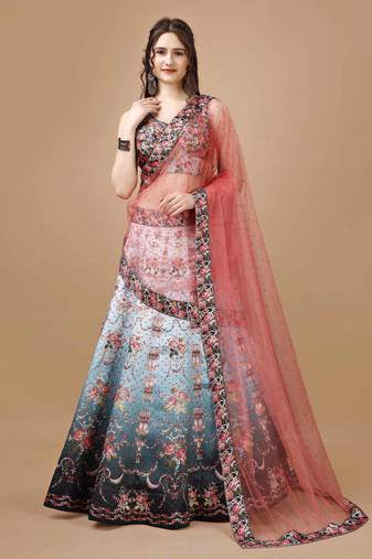 Blue Color Semistitched Digital Print Lehenga With Unstitched Blouse And Dupatta
